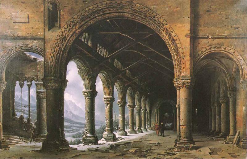 The Effect of Fog and Snow Seen through a Ruined Gothic Colonnade, louis daguerre